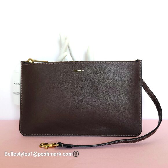 COACH New York Natural Grain Leather Top-Zip Pouch with Dog-clip Leash- Maple ⭐ - Picture 1 of 16